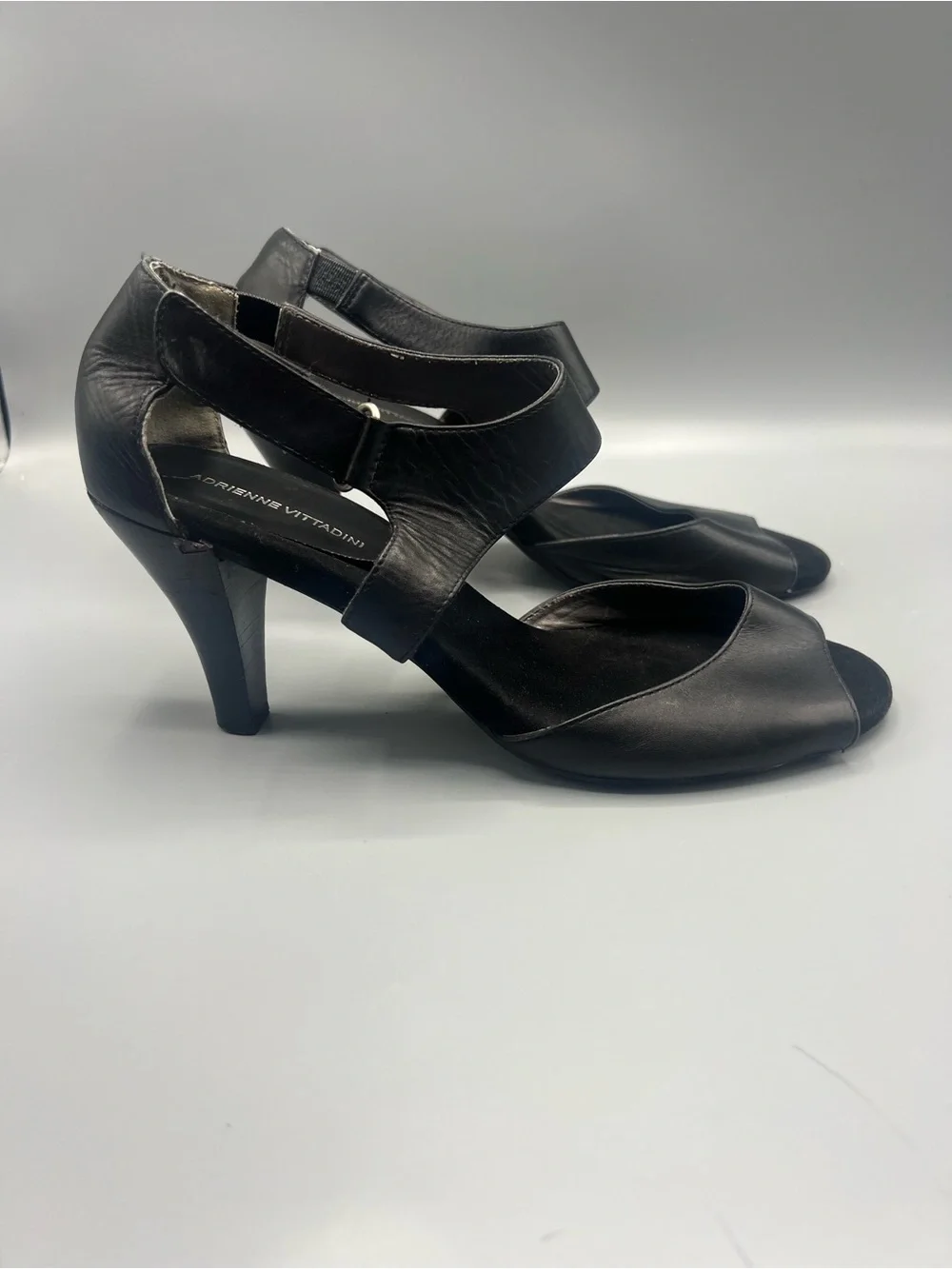 Adrienne Vittadini Black Leather Open Toe d'Orsay Heels